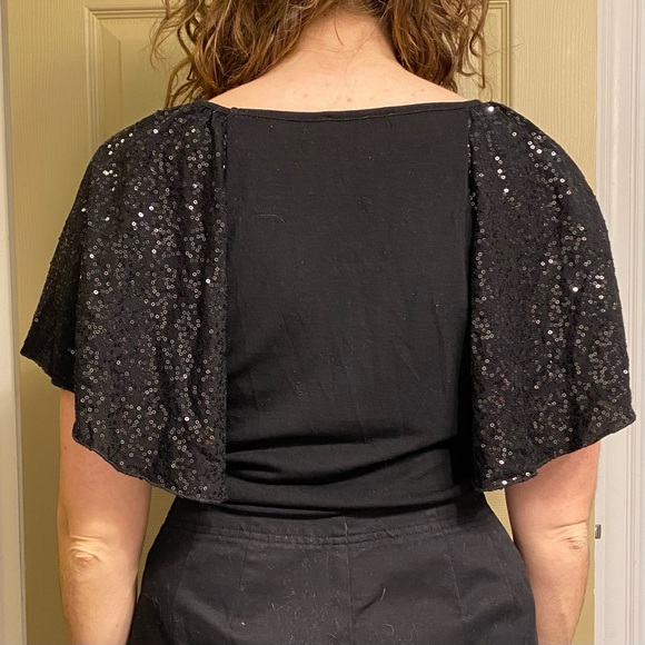 Sparkly Flutter Sleeve Top, Black Sequins, Deep Scoop Neck Blouse - Picture 2 of 8